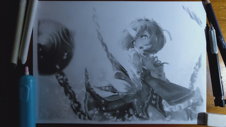 An up-drawing Rem with inaccurate shape, uneven lines and no details.