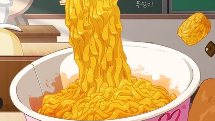【Animation Mukbang】🍜 Eating instant noodles, sausages, cookies, fooni in class