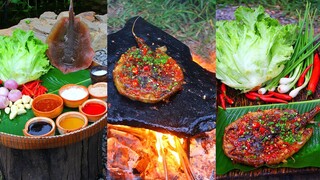 Cooking Whiprays on the Rock - Cooking STINGRAY FISH On A Rock And Eating Delicious In Jungle