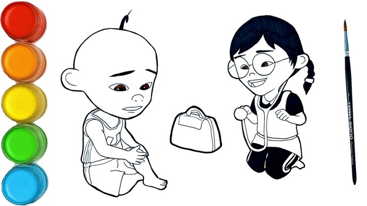 menggambar dan mewarnai Upin sakit di obati oleh dokter mei mei | Upin & Ipin kreatif anak