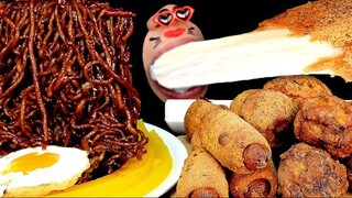 [Real Mouth] Đĩa mỳ ramel siêu ngon cùng gà rán, phô mai que giòn rụm, phức #asmr #mukbang