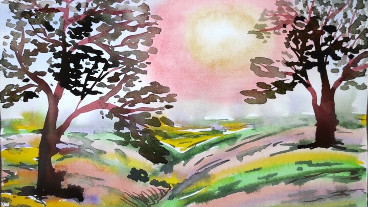 How to paint a sunset and a meadow with trees. Watercolor wet on wet