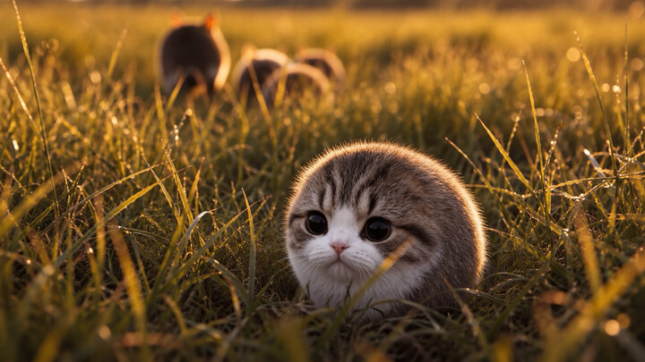Crispy-Corn-Kid Cat’s First Outing, But There’s Something Hidden in the Grass