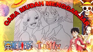 cara mudah menggambar anime one piece Luffy dan boa Hancock