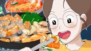 [Animasi Makanan] Panggang sosis di rumah, masak sup hot pot sosis, dan campur dengan mie udon