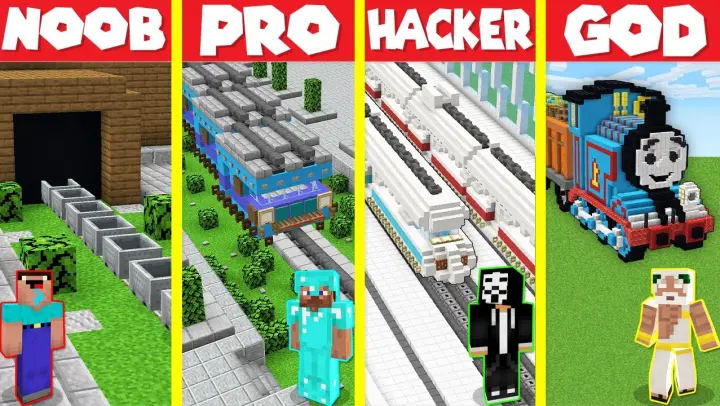 Minecraft Battle: TRAIN BASE HOUSE BUILD CHALLENGE - NOOB vs PRO vs HACKER vs GOD / Animation