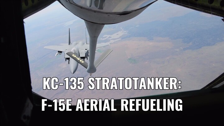 KC-135 Stratotanker Refuels F-15E Strike Eagle Mid-Air