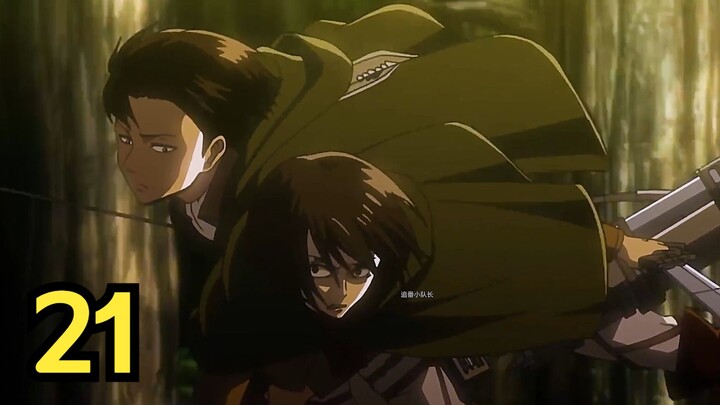 21: The female titan wipes out Levi's team, and the female titan kicks them away with one kick. Atta