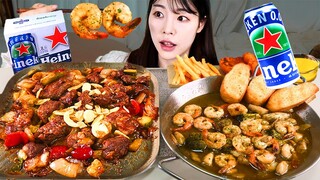 ASMR MUKBANG| 논알콜 맥주 하이네켄 0.0 & 프레시지 밀키트 스테이크 감바스 피쉬앤칩스 먹방 HEINEKEN 0.0 AND BEEF STEAK GAMBAS EATING