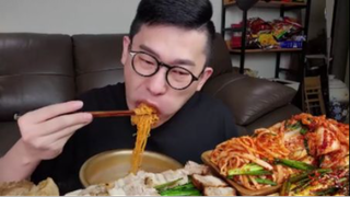 mukbang  thịt ba chỉ nấu chín, cải thìa, kim chi hành lá, rau củ cải #asmr #mukbang