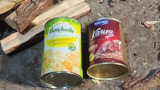 أكلات نهاية العالم في الأراضي القاحلة: علبة أرز باللحم الروسي، وعلبة فطر