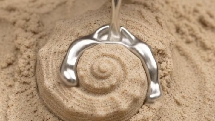 Crafting metal seashell in sand.