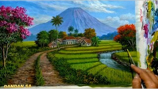 CARA MENGGAMBAR - MELUKIS PEMANDANGAN RUMAH DI TENGAH SAWAH Karya DANDAN SA, Tutorial 46 / ACRYLIC