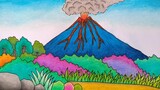 Cara menggambar gunung meletus || Menggambar gunung merapi || Menggambar pemandangan gunung