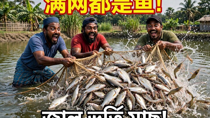 拉网捕鱼大丰收！孟加拉虾塘一网拉上来全是鱼？！ | ঘেরে জাল টেনে মাছ ধরা