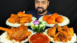 SPICY MUTTON CURRY, CHICKEN CURRY, MUTTON LEG PIECE, EGG CURRY, RICE, SALAD ASMR MUKBANG EATING SHOW