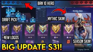 BIG UPDATE NEW SEASON S31! Mythic Skin/Season Skin/Ban 10 Hero/New Tier Logos! - Mobile Legends