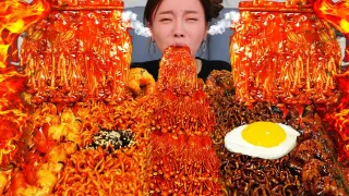[Mukbang ASMR] 불닭 🔥 팽이버섯 짜장 & 불닭볶음면 먹방 with 새우 🦐 Buldak Enokimushroom Spicy & Jjajang Ramen Ssoyoung