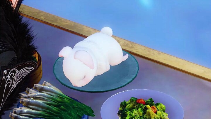 Rabbit is very self-conscious and has learned to plate the dish by himself! Wolf and Rabbit's Hilari