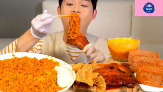 Mukbang mì cay và đùi gà rán, đùi gà nướng #anngon