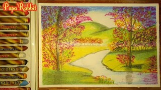 BEAUTIFUL NATURE SCENERY OIL PASTEL DRAW.  STEP BY STEP