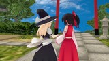 Marisa teaches Reimu to use the magic cannon