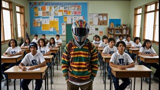 The boy with the most handsome face must wear a helmet to keep people from going crazy