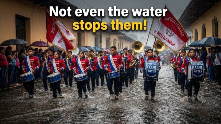 Not even the water stops them! 🥁🌧️ School marching band braving a massive flood in Xela.