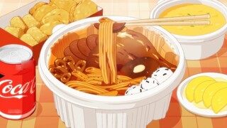 Pork chop noodle deluxe set meal: a bite of fried chicken, a bite of ice cola, and a small cake to r