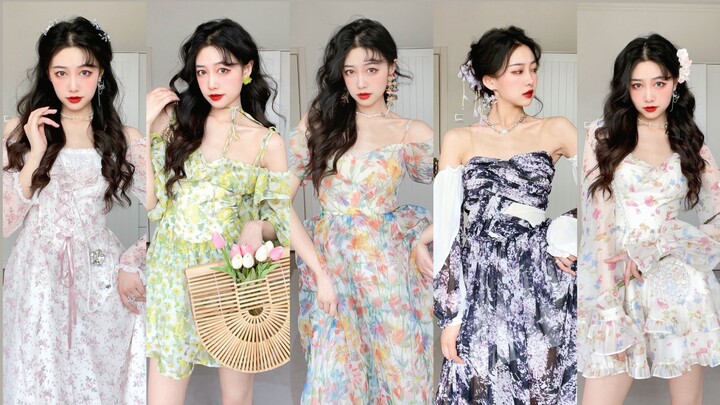 【Phối đồ đầm liền】Phối đầm họa tiết tranh sơn dầu vườn hoa Monet, độ phù hợp khi đi nghỉ dưỡng tuyệt