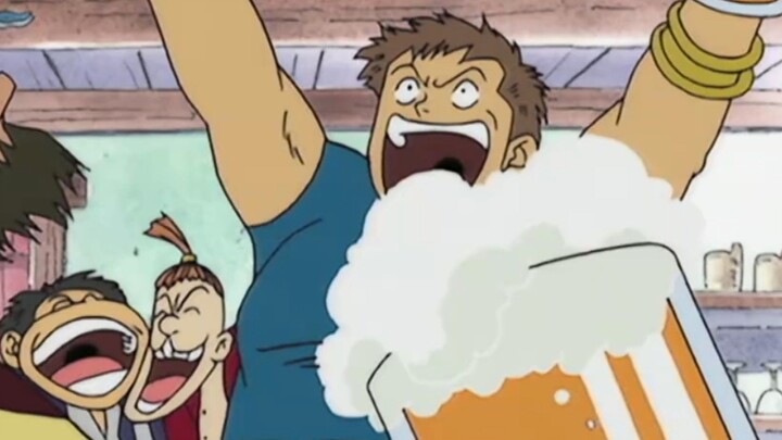 Gambarin npc berotot yg lagi bergembira dgn teman2nya di flashback masa lalu luffy