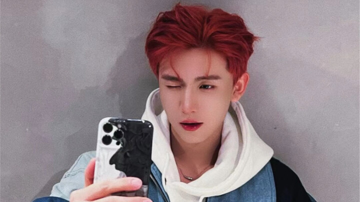 Bai Jingting with red hair and a 4-6 parting—perfectly flatters his face shape; definitely worth a t