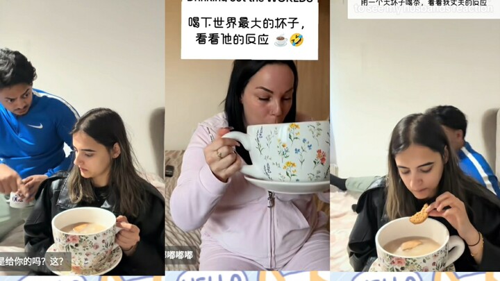 Giving her husband a small teacup while keeping a huge one for herself—watching his reaction is hila