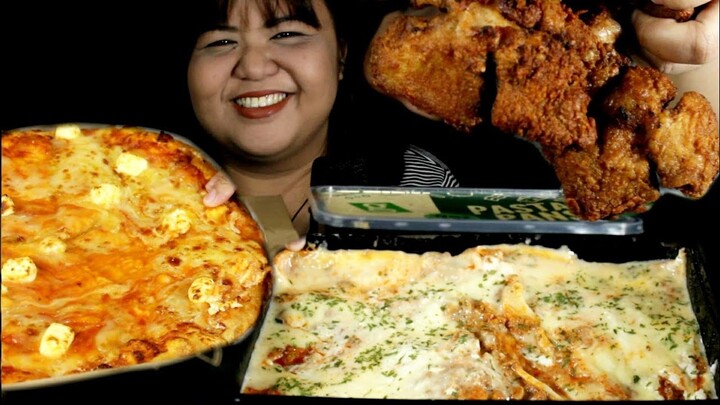FOUR CHEESE PIZZA//CHEESY LASAGNA WITH CRISPY FRIED CHICKEN//NO TALKING//MUKBANG