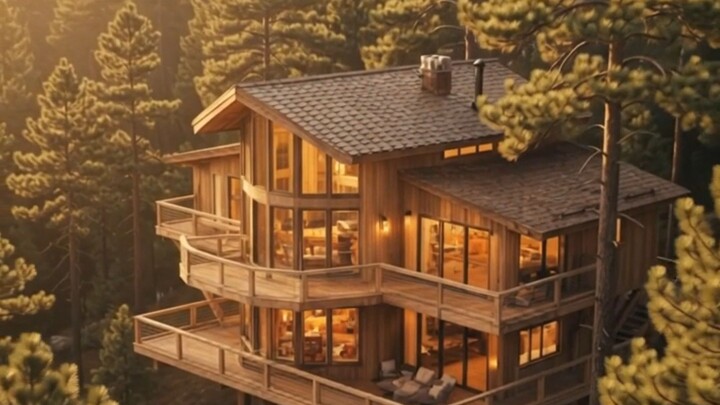 Tree house in a pine forest