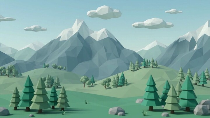Cartoon mountain range with green forest and houses side-scrolling animation