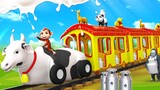 Funny Animals Cow Train in Zoo | Milk Tanker Train Monkey Ride in Jungle | Animals 3D Cartoon Videos