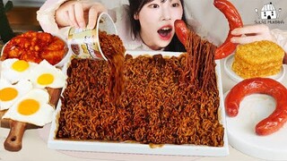 ASMR MUKBANG| 직접 만든 짜짜로니 & 소세지 칠리새우 먹방 & 레시피 FRIED AND BLACK BEAN NOODLES EATING