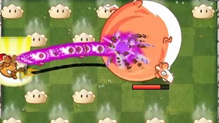20 plants of various full-levels landed and opened up vs. a fat weasel zombie with 521314 HP.
