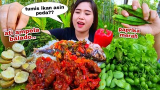 BALADO ATI AMPELA TUMIS IKAN ASIN PEDA LALAPAN MENTAH LEUNCA PETE PAPRIKA MERAH OKRA MENTAH JENGKOL