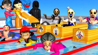 Scary Teacher 3D Miss T vs 5 Neighbor Swimming 100M Squid Game Challenge Huggy Wuggy Troll Dancing