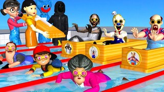 Scary Teacher 3D Miss T vs 5 Neighbor Swimming 100M Squid Game Challenge Huggy Wuggy Troll Dancing