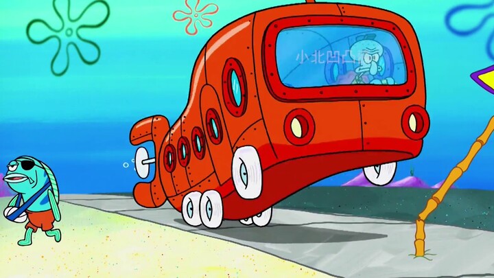 Squidward transforms into an old driver and squeezes into three fat men in the deep sea