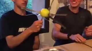 "The waiter said as long as the apple doesn't fall, we can get a free meal."