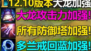 12.10版本改动介绍：纳什男爵伤害加强!所有防御塔伤害加强！多兰戒加强,调节削弱！