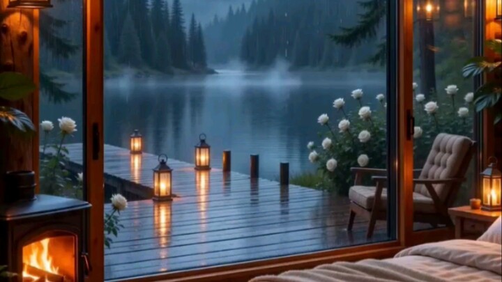 Luxury log cabin bedroom during a peaceful rainstorm at blue hour.❤️😍😍