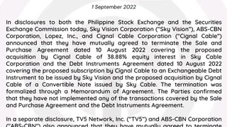 BREAKING: OFFICIAL STATEMENT on the termination of ABS-CBN-TV5 & Cignal-Sky Cable investment deal.