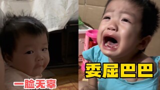 2岁哥哥打7个月妹妹，自己哭了