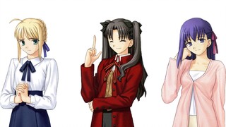 Toosaka Rin, Matou Sakura, and Saber are spinning in a circle, forming a three-body movement