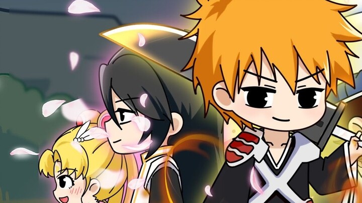 The sword light cuts through the canyon, and Japanese comic characters gather together